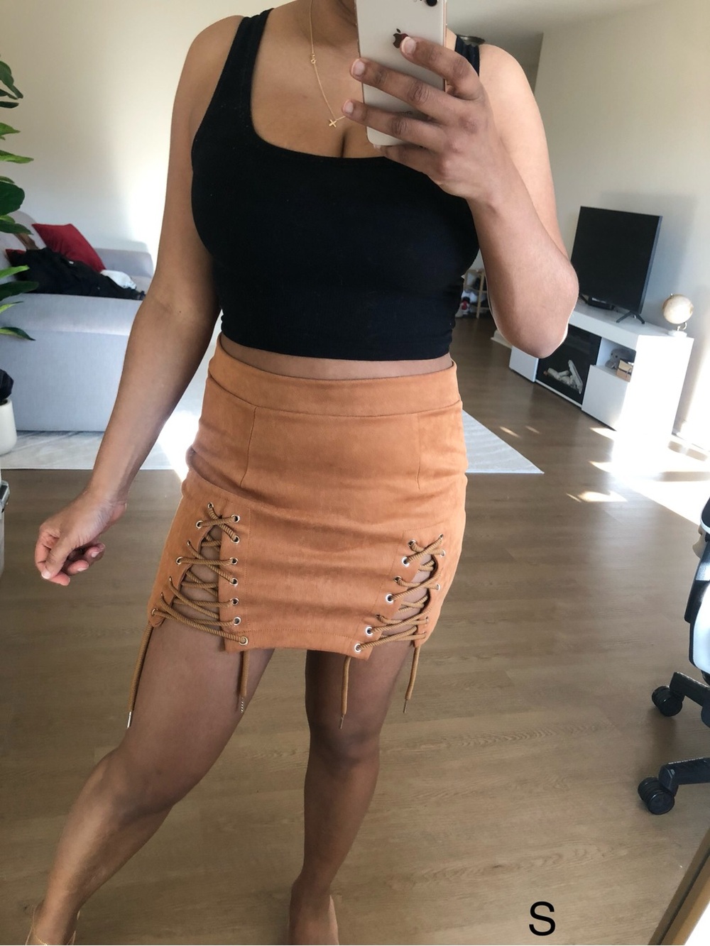 Suede Lace-Up Mini Skirt in Tan